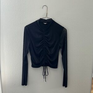 Black Long Sleeve Blouse with Ruched Tie Front and Mandarin Collar
